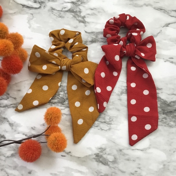 2 Polka Dot Bow Hair Scrunchies - Picture 2 of 3